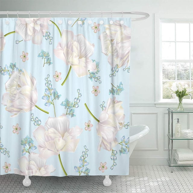 Cortina de Ducha ABPHQTO Vector Primavera Flor Patrón Sin Costuras Tulipanes Fondo Azul 150x180 cm