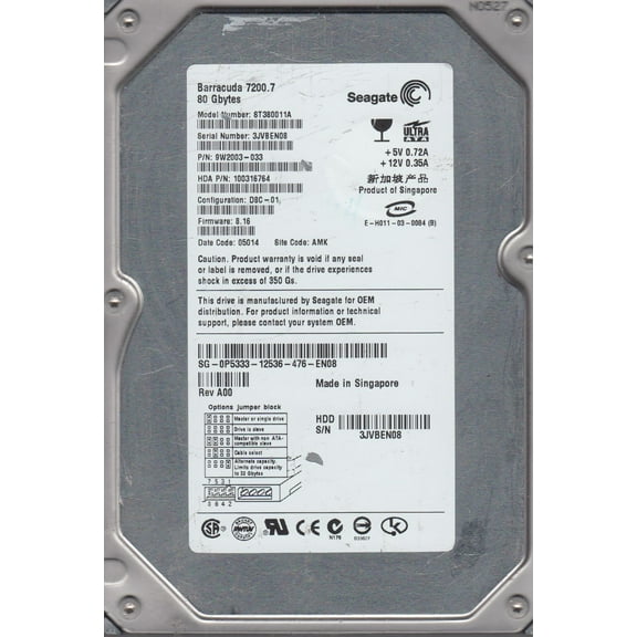 ST380011A, 3JV, AMK, PN 9W2003-033, FW 8.16, Seagate 80GB IDE 3.5 Hard Drive