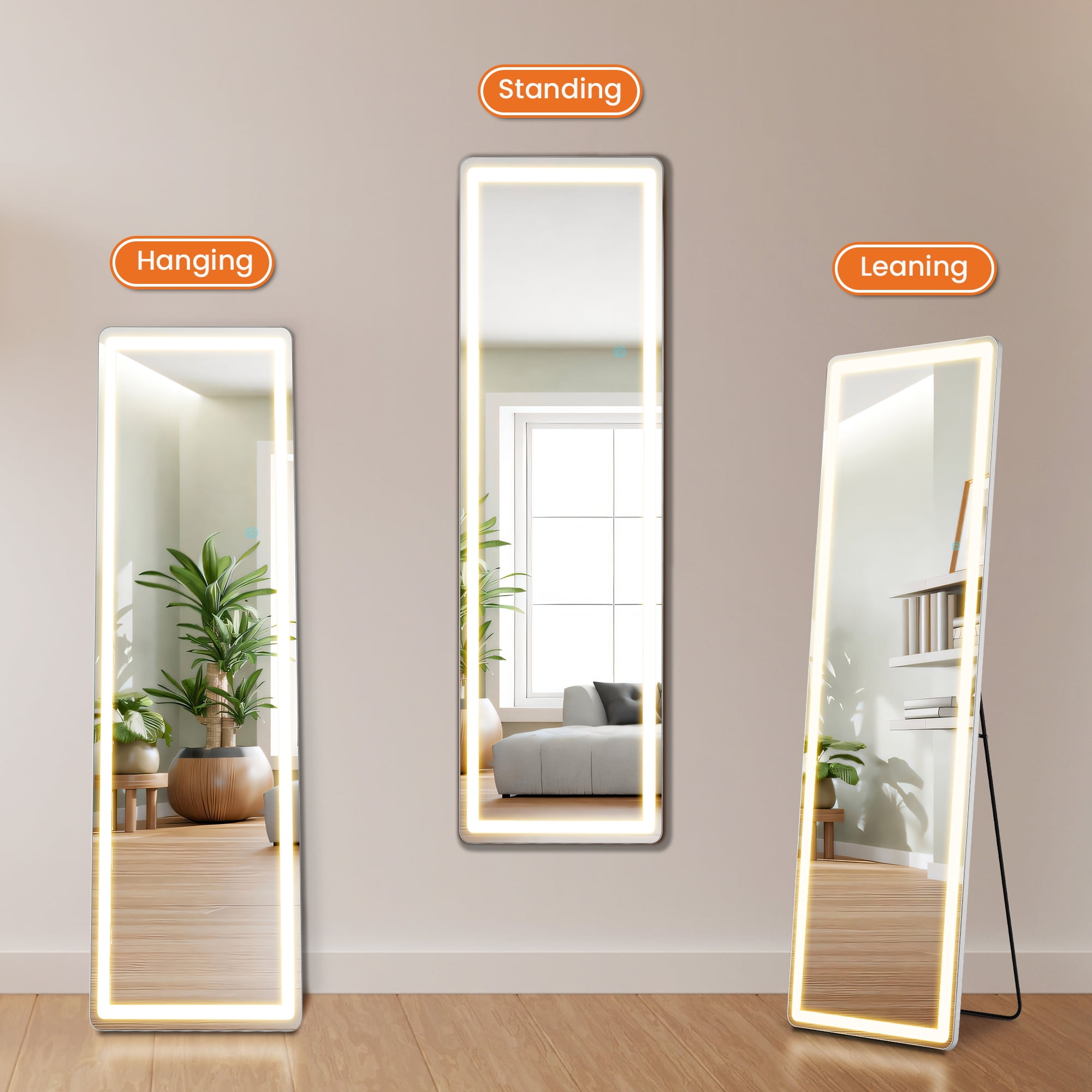 MAYEERTY 60" × 16" LED Full Length Mirror, 3 Color Lighting Floor Standing Mirror with Bracket