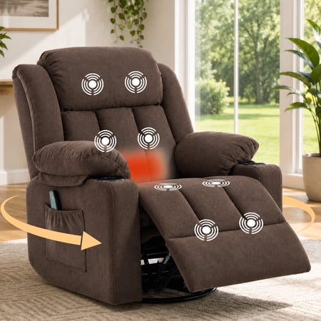 Sfxingyou Manual Swivel Rocker Recliner Chair for Adults with Massage and Heat Glider Rocking Recliner Chairs for Living Room Bedroom Overstuffed Soft Reclining Sofa Chair with Pockets and Cup Hold