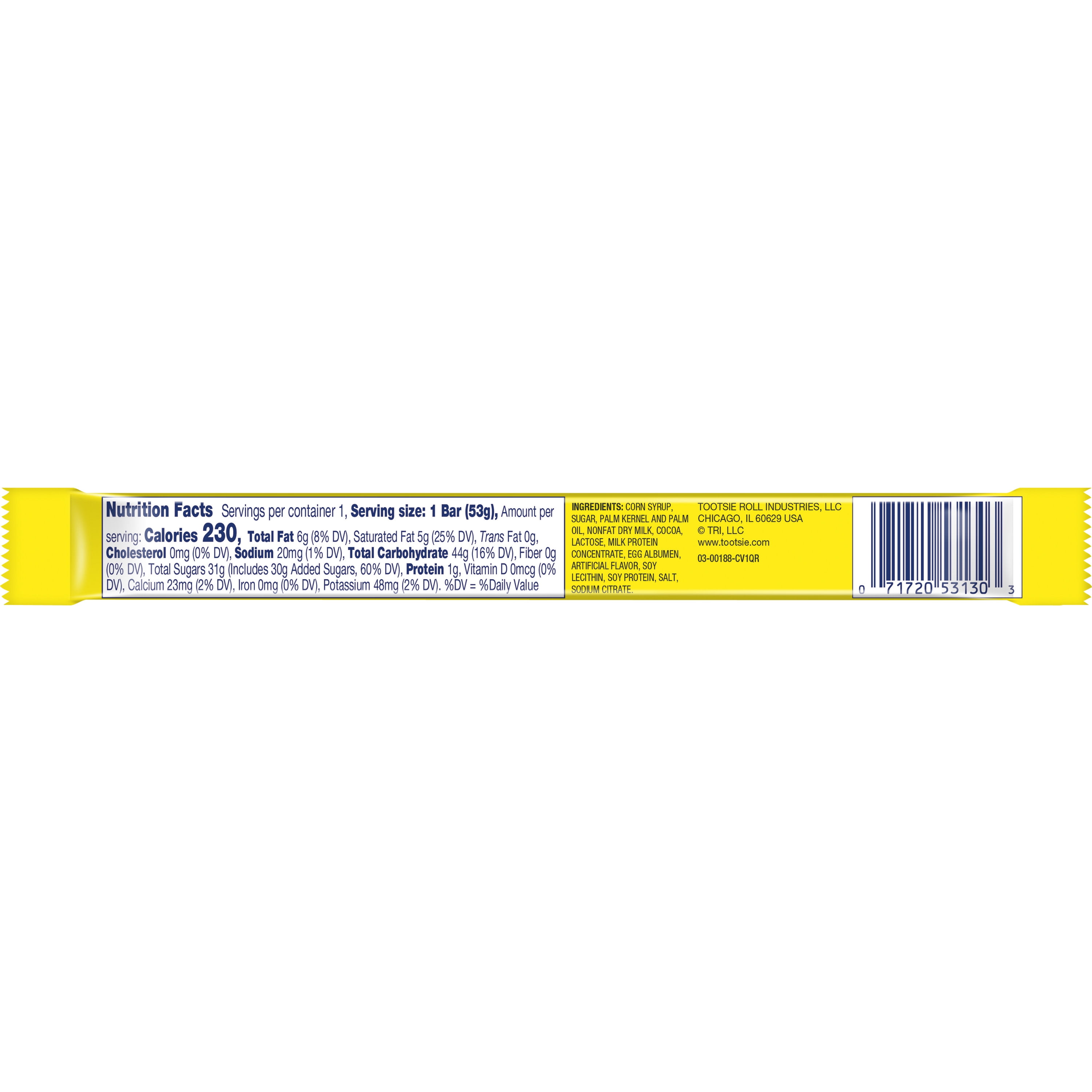 Charleston Chew Vanilla 1.87 oz Bar. Peanut Free and Gluten Free. Contains Milk, Soy and Egg.