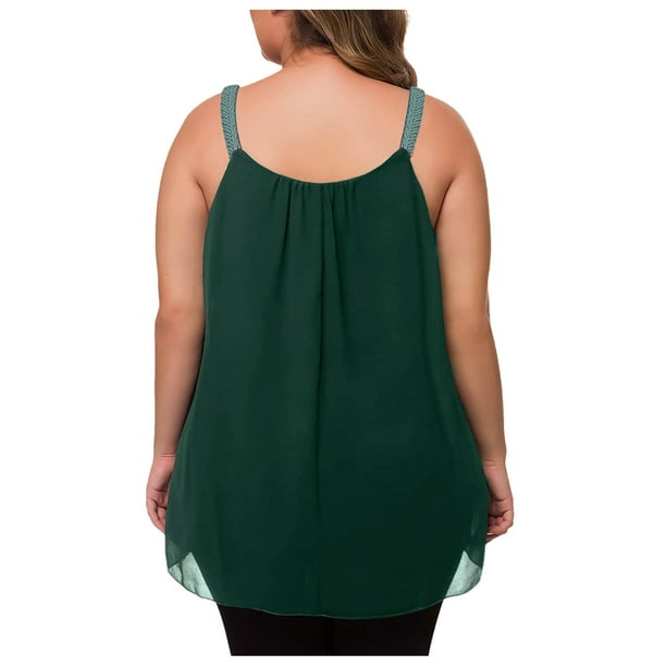 Camiseta sin mangas con tirantes de encaje y pliegues de gasa lisa para mujer, tallas grandes - Sin mangas, cuello redondo, poliéster/gasa, ropa de playa para el verano, 1 pieza
