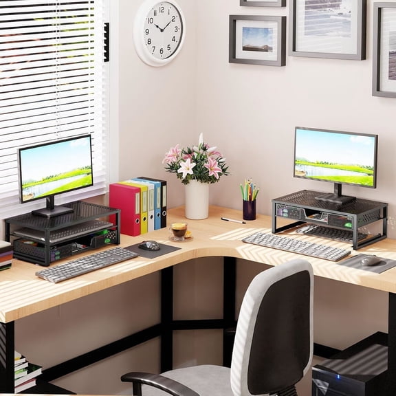 Metal Monitor Stand Riser and Computer Desk Organizer with Drawer for Laptop, Computer, Black