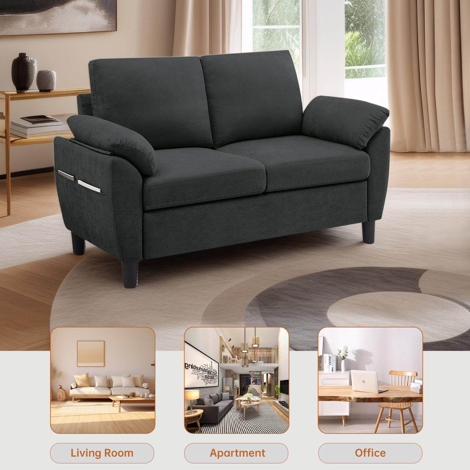 Soscana Loveseat with Storage Side Pockets, 2 Seat Sofa Love Seat Small Couch for Living Room Bedroom Apartment Office Studio,Black