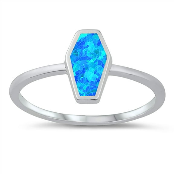 Blue Simulated Opal Coffin Shape Ring Sterling Silver Size 7