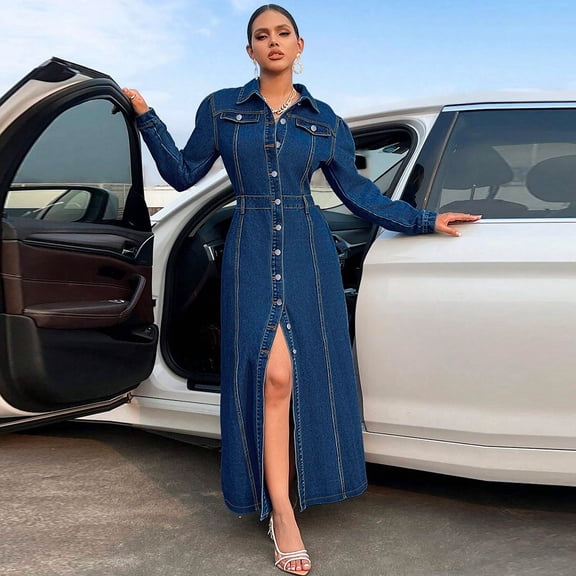 Women Long Sleeve Denim Maxi Dress Lapel Collar Button Front Slim Fit Long Dresses for Fall Winter Evening Party Daily Outing
