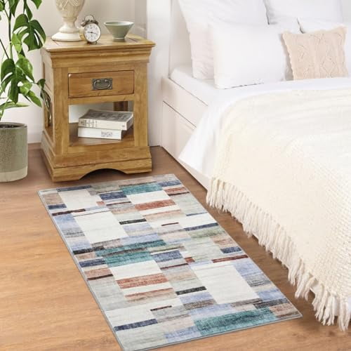 Runner Rug Washable Checkered Rugs for Living Room Bedroom Kitchen Hallway Entryway Laundry Contemporary Abstract Rug Modern Geometric Rug Low Pile Office Rug Non Slip Blue