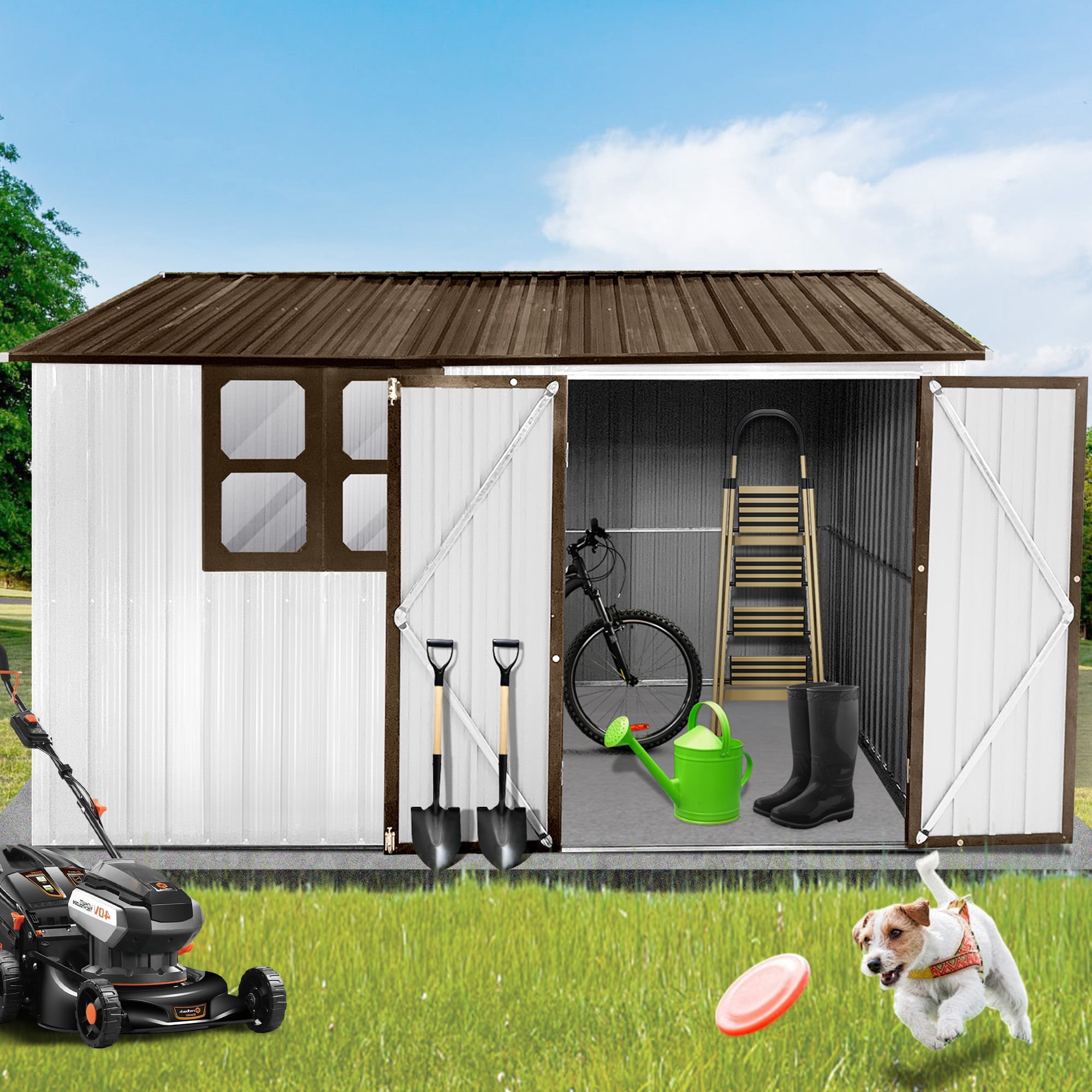 Aukfa 10FT x 8FT Outdoor Storage Shed, Metal Shed Storage with Window, Roof Slope Tool Shed with Door and Padlock for Backyards, Patio Lawns and Outdoor, White
