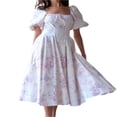 thumbnail image 1 of PENGXIANG Robe pour Femmes Adulte Imprimé Fleuri/couleur Unie Manches Courtes Bouffantes Col Carré Robe Féminine, 1 of 5