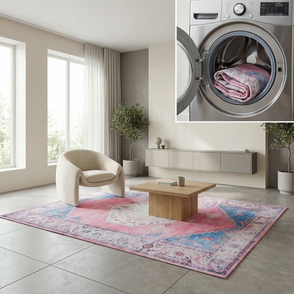SAFAVIEH Serapi Malanie Traditional Machine Washable Area Rug, Ivory/Pink, 5'3" x 7'7"