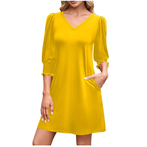 BUIGTTKLOP 3/4 Length Sleeve Summer Dresses for Women Casual Midi Dress Loose Fitted Beach Vacation Sundresses with Pockets