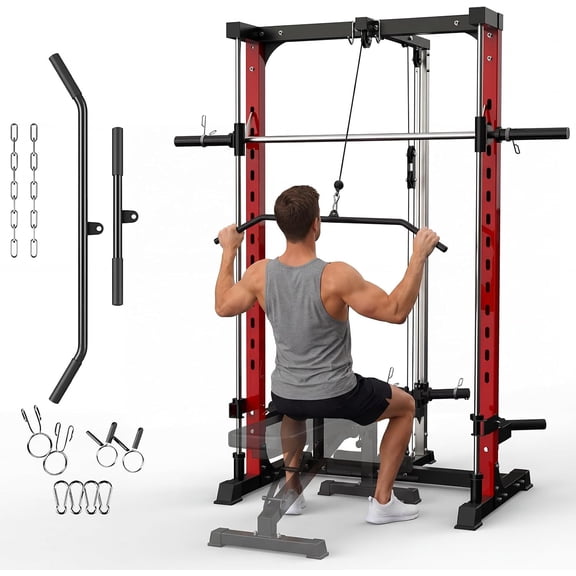 Smith Machine, 1000LBS Multi-Functional Squat Rack for Home Gym | with LAT-Pull Down System, Power Rack with Barbell Bar, Power Cage with Attachments Full Body Training, Black/Red