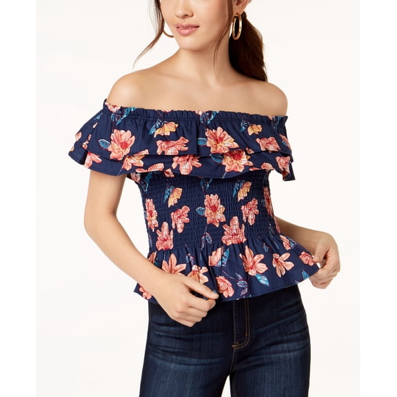 Planet Gold Juniors' Cotton Off-The-Shoulder Smocked Top (Navy Floral, XL)