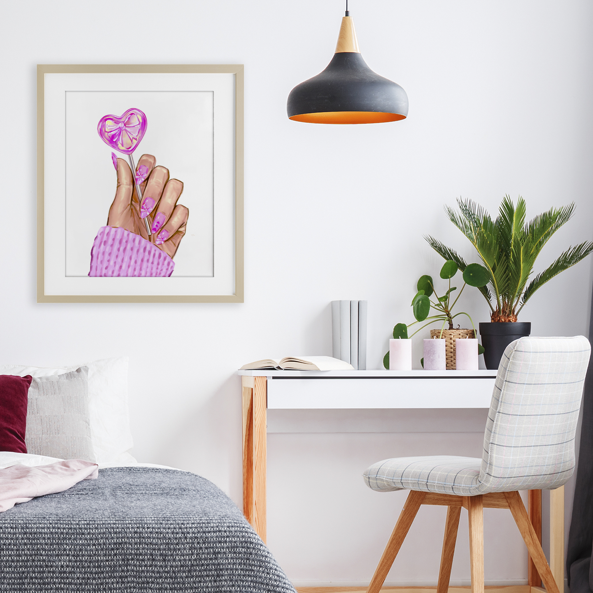 Pink Fashion Bow Lollipop Birch Framed Print Under Glass, design by Ziwei Li