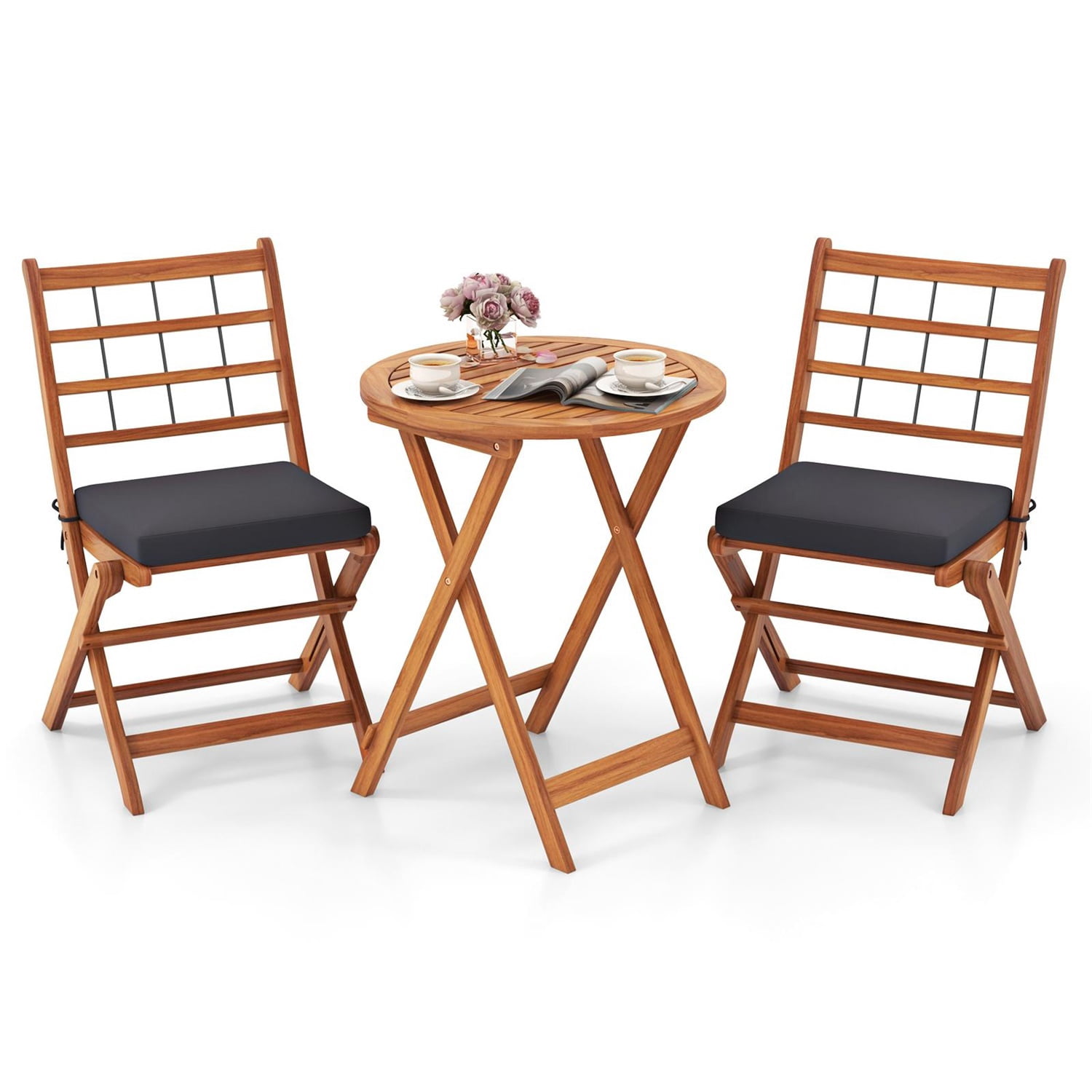Hommoo 3 Pcs Acacia Wood Patio Bistro Set, Outdoor Folding Table and Chair Set with Gray Cushions