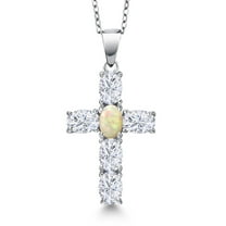 Gem Stone King 925 Sterling Silver White Moissanite and White Ethiopian Opal Cross Pendant Necklace for Women | 2.82 Cttw | Gemstone Birthstone | Oval 6X4MM | With 18 inch Chain