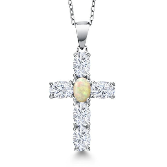 Gem Stone King 925 Sterling Silver White Moissanite and White Ethiopian Opal Cross Pendant Necklace for Women | 2.82 Cttw | Gemstone Birthstone | Oval 6X4MM | With 18 inch Chain