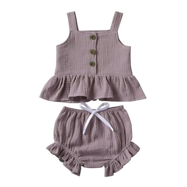 Ensemble 2 Pcs pour Nouveau-Née Fille : Hauts Courts Sans Manches à Boutons + Mini-Shorts