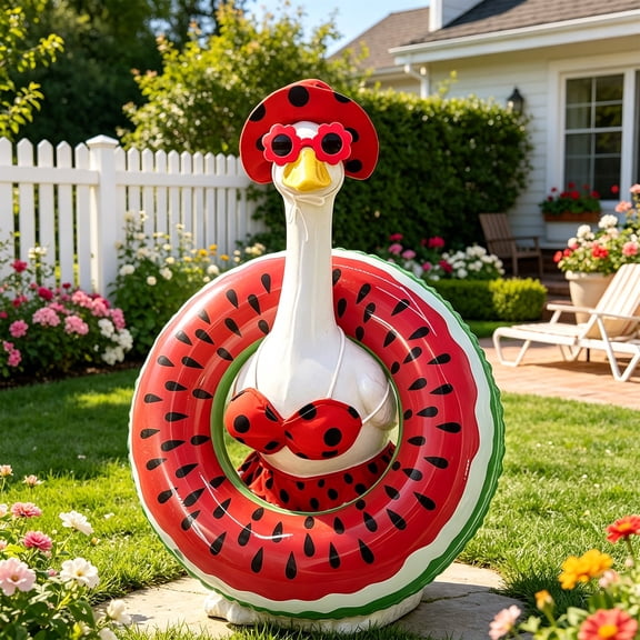 Liamobondopolis Summer Porch Goose Outfit Red Polka Dot Bikini Clothes with Watermelon Float and Hat for 23 Inch Figurine Outdoor Decor