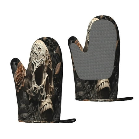 

Hirioo Vintage Pattern Flower Skull for Silicone Oven Mitts for BBQ Baking Cooking Set of 2 Heat Resistant 260℃ Non-Slip Kitchen Essentials