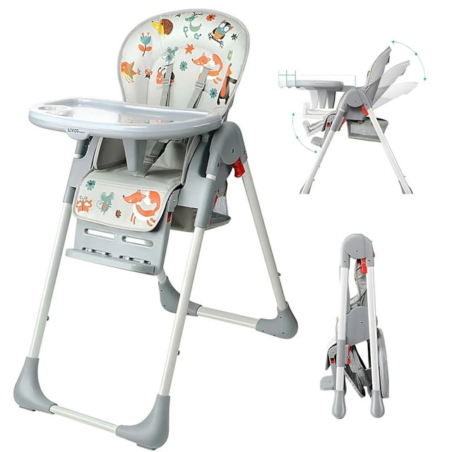 Baby High Chair, Foldable Highchair Dining Chair for Babies Toddlers, Adjustable Food Tray & Footrest, 3 Reclining Backrest, Adjustable Heights, Built-in Hidden Rear Wheels