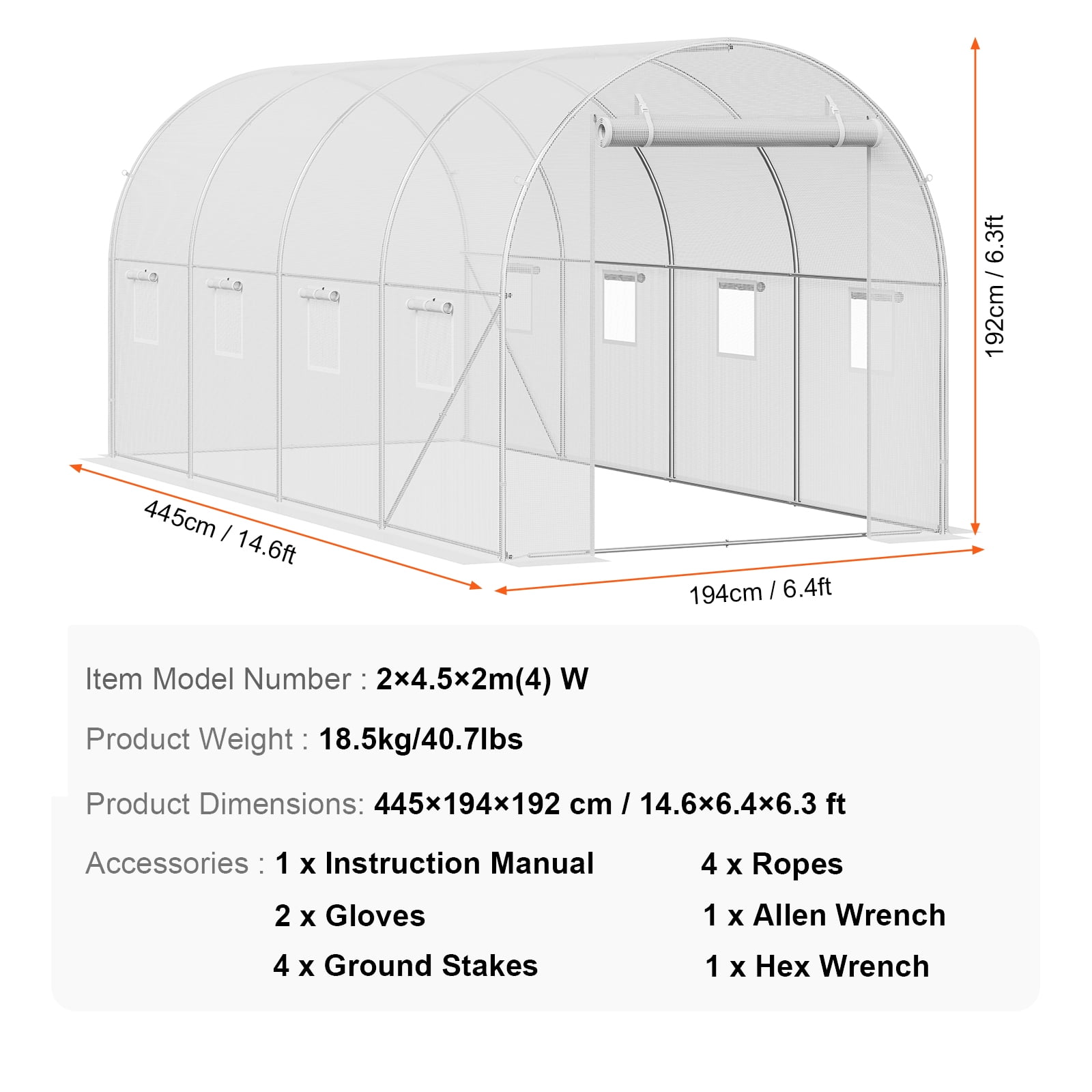 KFFKFF Walk-in Tunnel Greenhouse, 15x7x7 ft, Featuring a Durable Galvanized Steel Frame and White PE Covering, Equipped with a Roll-up Zipper Door and 8 Ventilation Windows