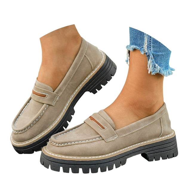 Chaussures Mocassins pour Femmes à Plateforme, Semelle Crantée, Rétro, Confortables, à Enfiler, Travail Bureau Affaires Décontracté Chaussures Habillées
