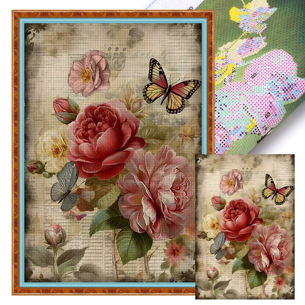 Hilo de bordar de algodón completo, 11CT, estampado de flores y mariposas, punto de cruz, 40x60cm