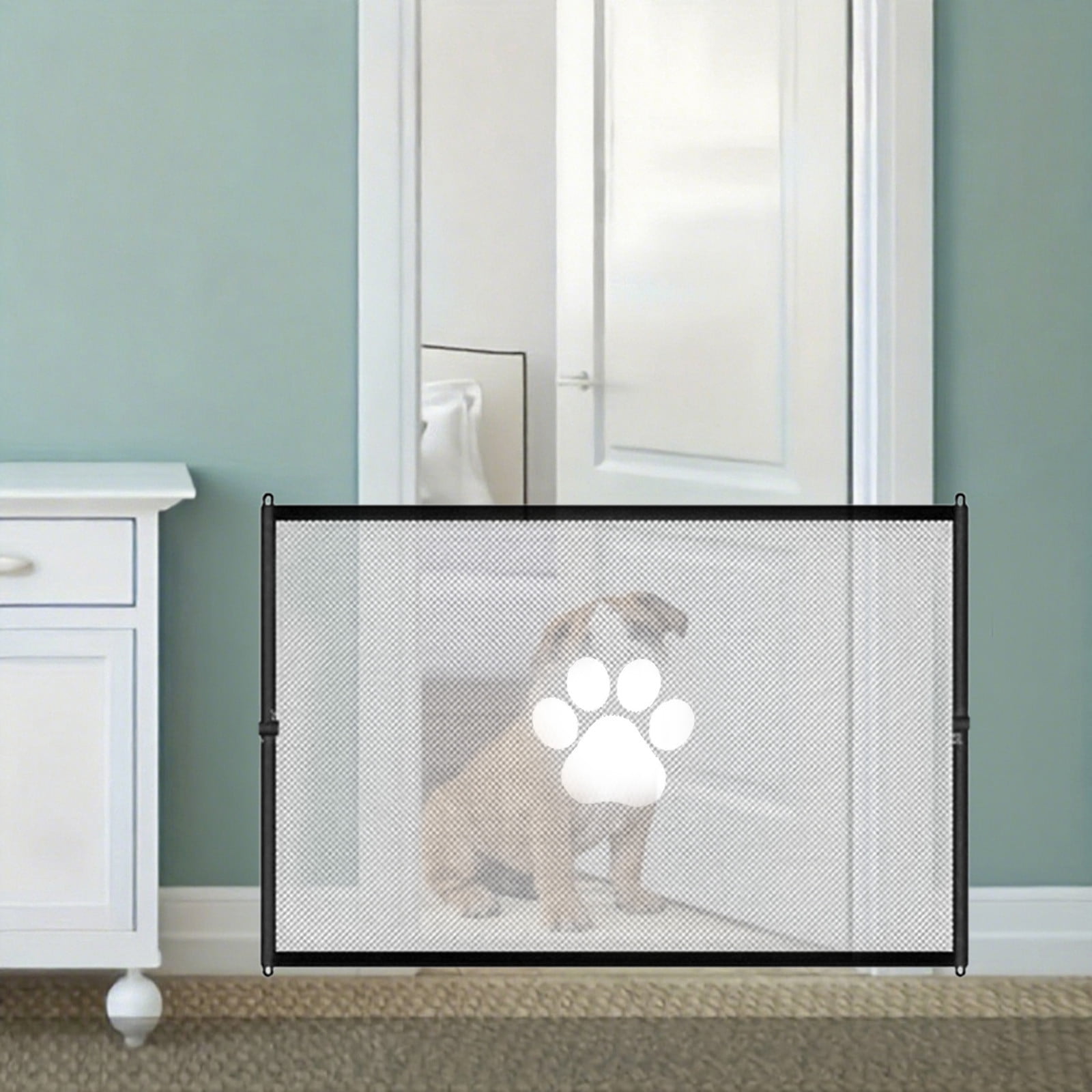 cpengpj No-Drill Pet Fence for Cats and Dogs, Paw Print Design, Sturdy Mesh Barrier for Doorways and Stairs, Easy Install Home Safety Gate