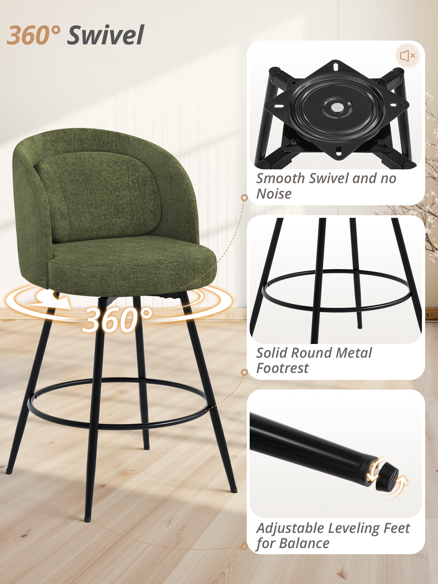 Carolayne 26.5" Swivel Bar Stools Set of 4, Modern Fabric Counter Height Bar stools with Back & Removable Cushion for Kitchen Island, Green