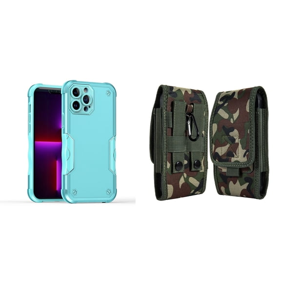 Case with Belt Holster Bundle for iPhone 14 Pro Max: Slim EX Hybrid Series Shockproof Case (Teal) and Vertical Rugged Nylon Phone Pouch (Green Camo)