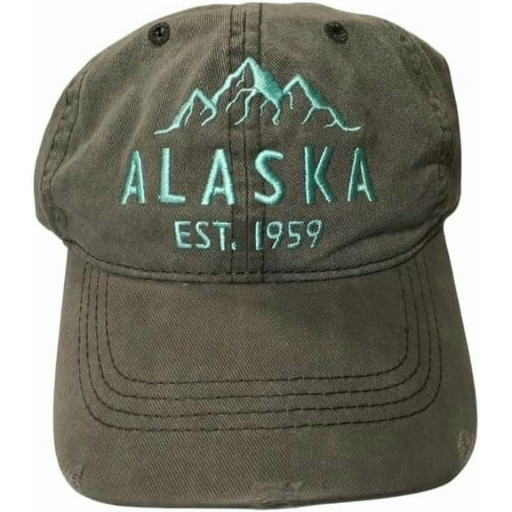 Quality Ball Cap Hat Alaska Baseball Cap Adjustable Summit Mountain Grey with Aqua Mint Stitching