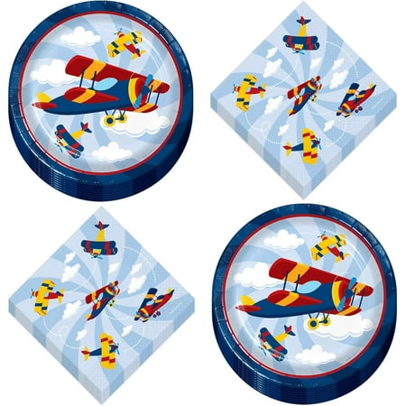 Airplane Party Supplies - Sky Flyer Round Paper Dessert Plates and Beverage Napkins (16 Plates & Napkins)