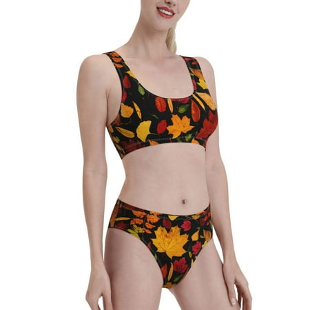 Uemuo Autumn Maple Leaves A Printed Women s High Waisted Bikini Sets Sporty Two Piece Swimsuits Color Block Cheeky High Cut Bathing Suits-