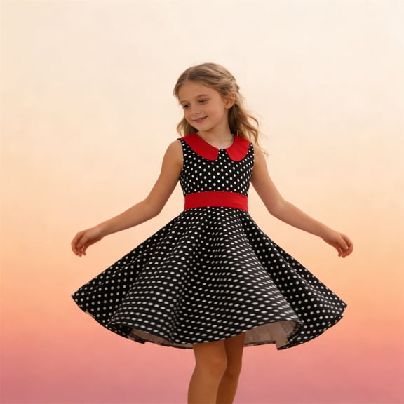 Weebloom Girls Dress With Collar Sleeveless Waist Design Party Performance Black Girls Sundress