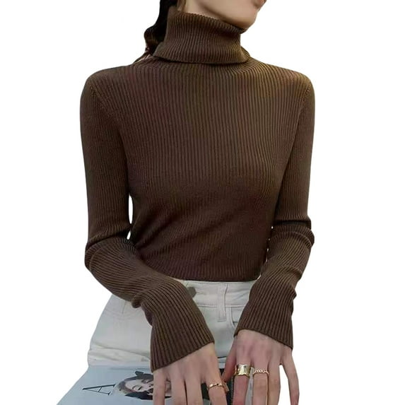 BEAFNKSG Women Ribbed Knitted Sweaters Solid Color Knitwear Long Sleeve Turtleneck Knitted Basis Tops