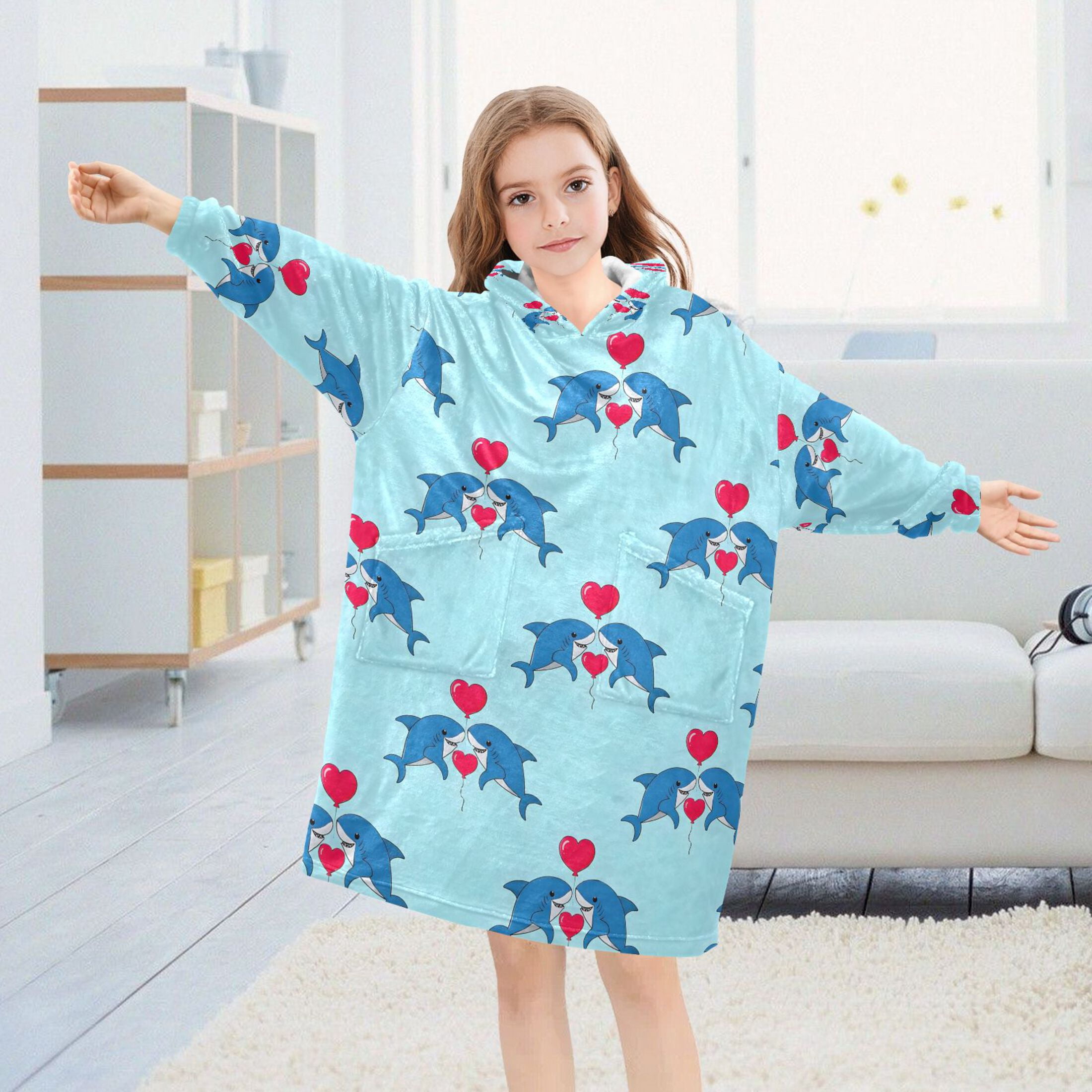 joogoo Blanket Hoodie for Shark and Hearts Oversize Sweatshirt 3-14 YR L