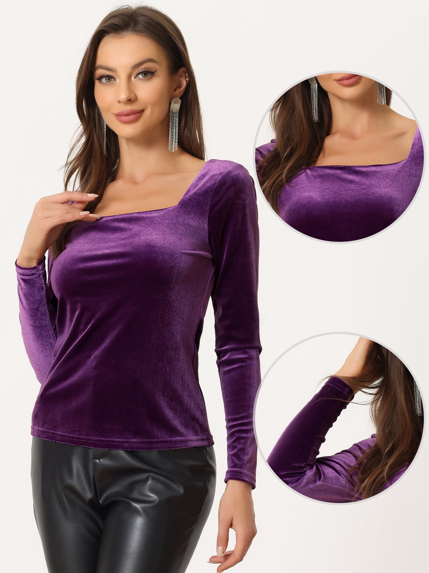 DARING DIVA Women's Velvet Square Neck Top T-Shirt Blouse XS Purple