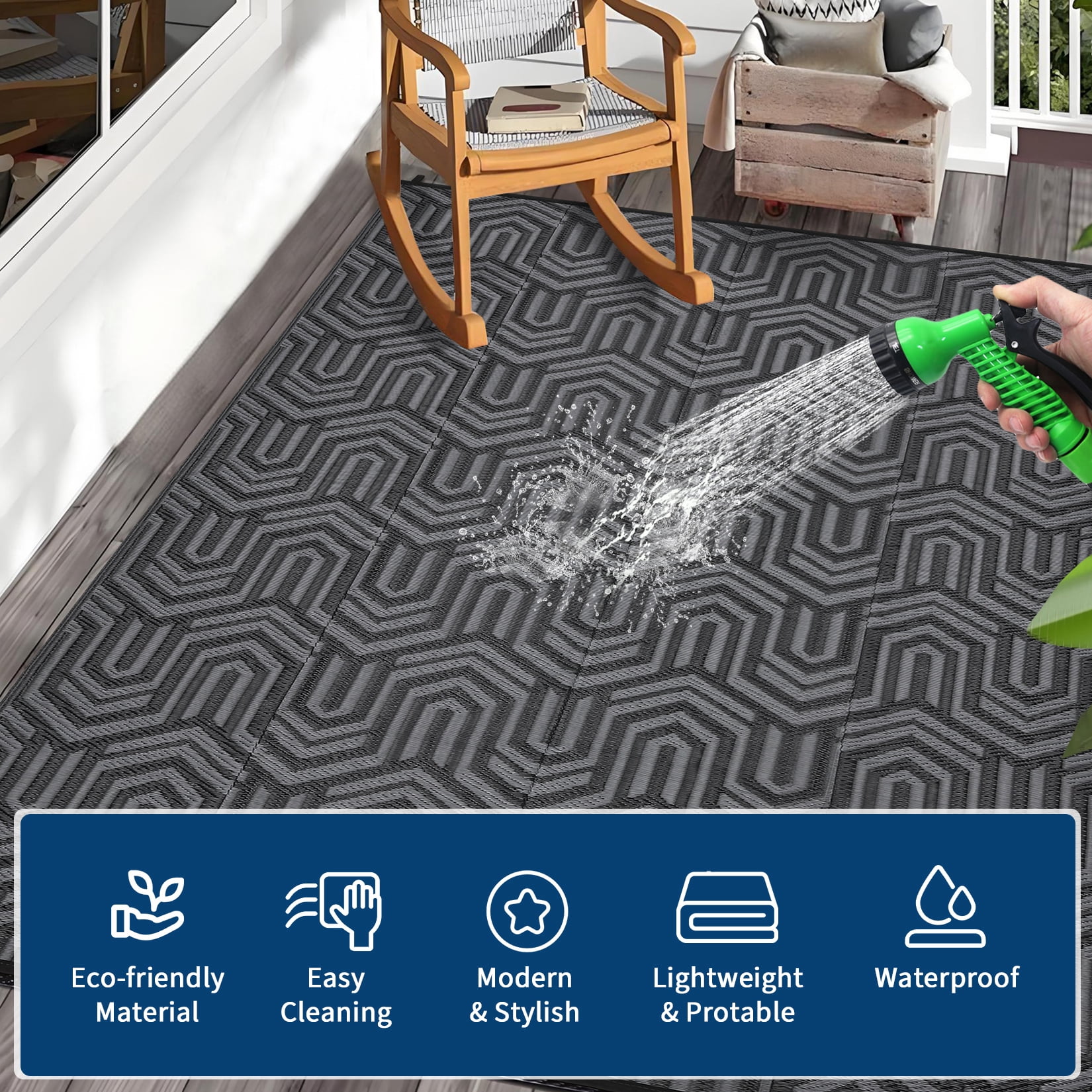 Garvee Waterproof Outdoor Rug 8x10ft Reversible Patio Rug, Plastic Straw Rug RV Camping Rug for Deck Balcony Porch Picnic Backyard, Black Gray