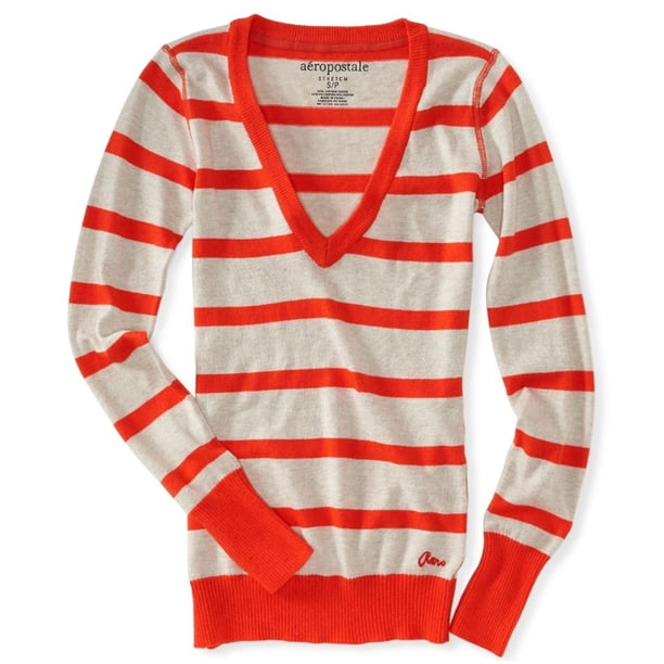 Suéter de punto con cuello en V a rayas Aeropostale Naranja Pequeño