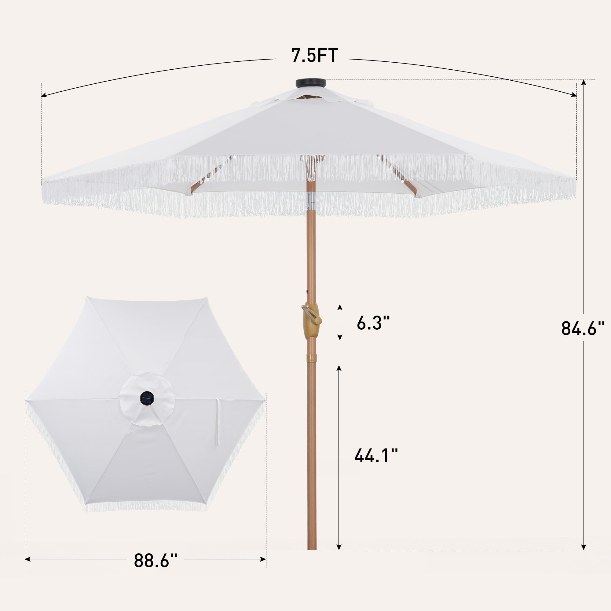 Ainfox 7.5 ft Boho Fringe Patio Umbrella with LED Solar Lights,Waterproof Outdoor Tassels Umbrella for Deck, Table, Garden, White