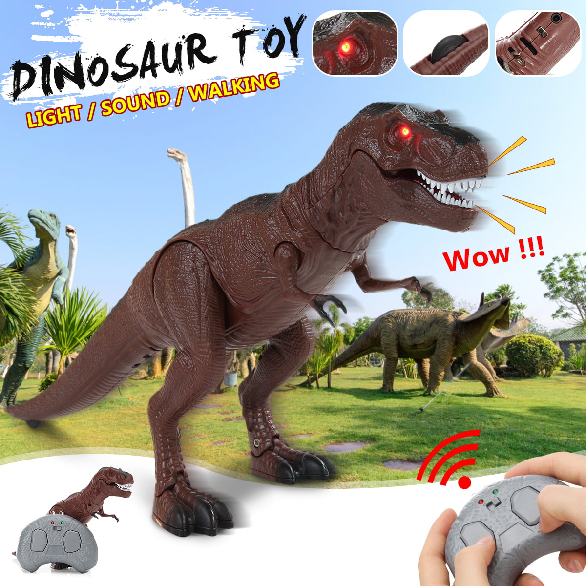 Electric Remote Control Walking Dinosaur Toy Light-Up Sound Action Figure Gifts 