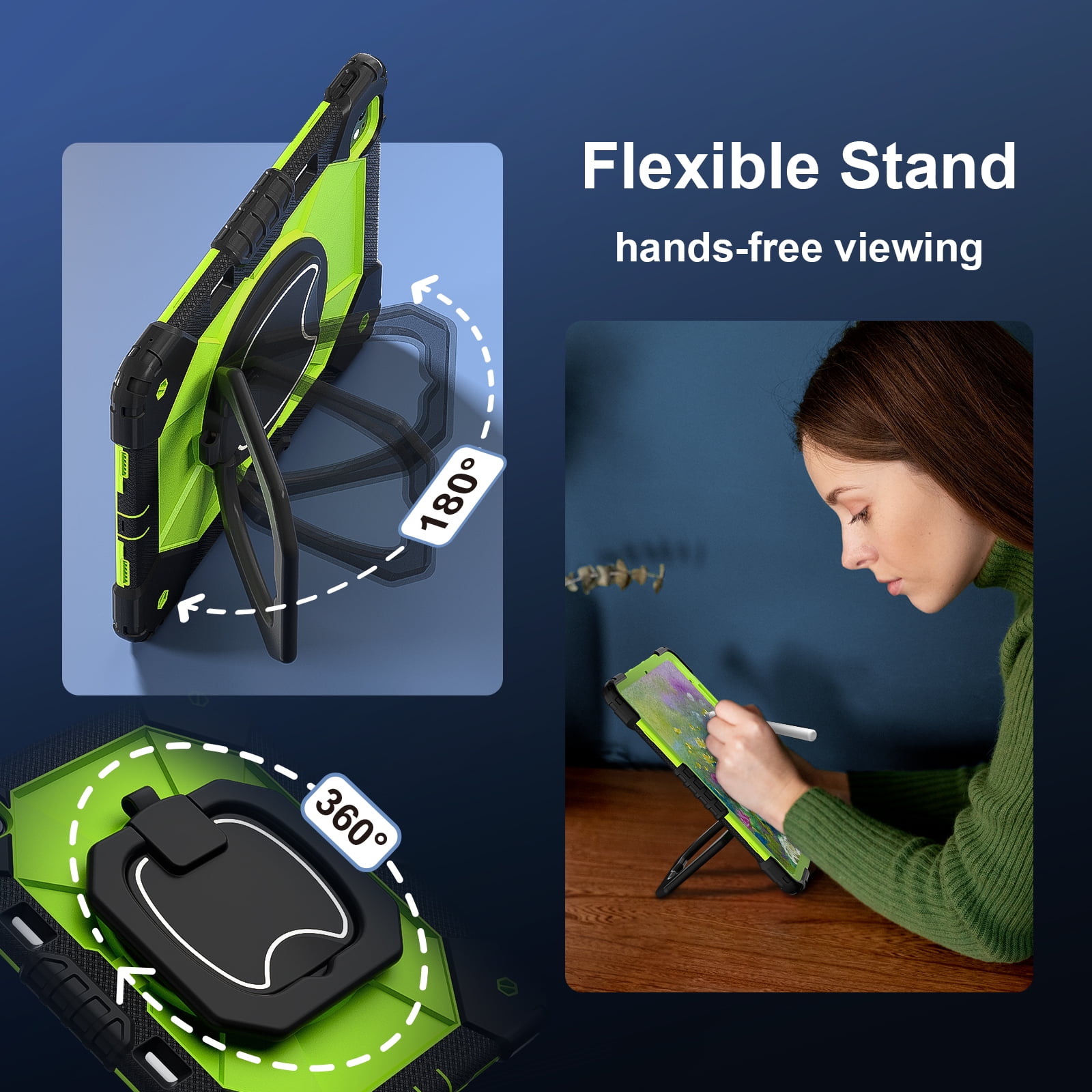 Decase Kids Case for Apple iPad Pro 13 13-inch (M5)(M4) 2025/2024,Shockproof Rotatable Stand Cover,Detachable Shoulder Strap,Rugged 3-Layer Tablet Shell with Pen Holder,Black+Green