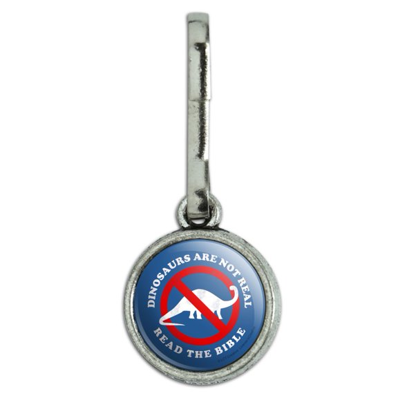 Dinosaurs Are Not Real Read the Bible Funny Humor Antiqued Charm Clothes Purse Suitcase Backpack Zipper Pull Aid