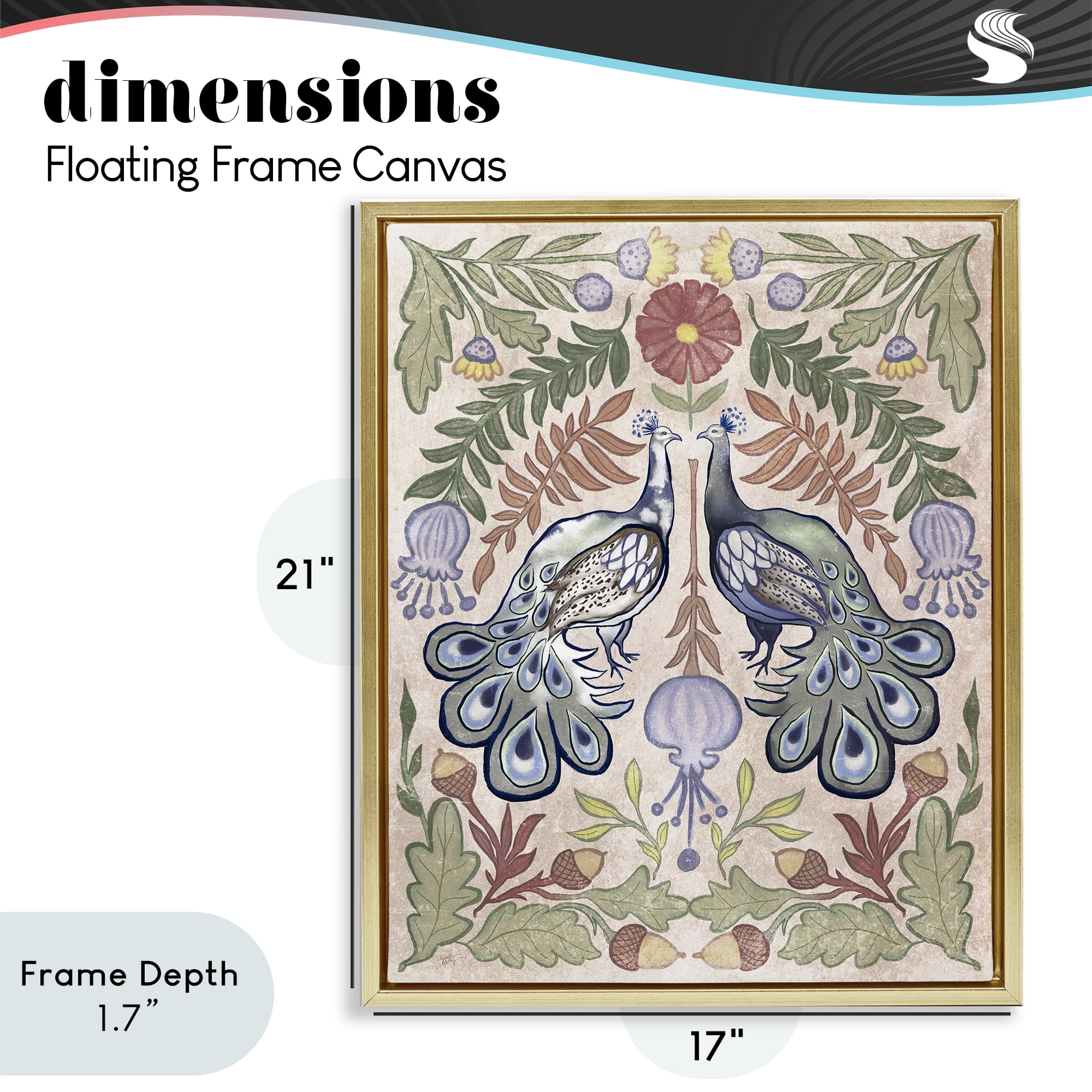 Stupell Industries Symmetrical Peacock & Flower Pattern Gold Framed Floater Canvas Wall Art, design by Elizabeth Medley
