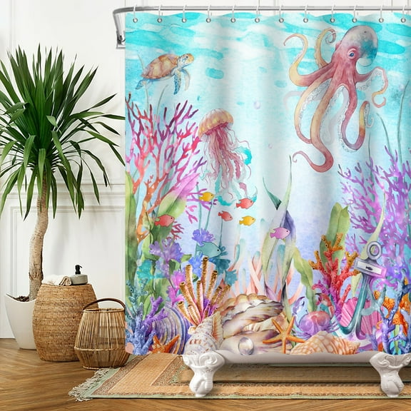 SUNOLIFE Ocean Theme Shower Curtain Undewater Nautical Coastal Bathroom Curtain,72x72 in