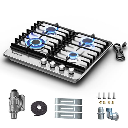 TOPWISH 24" 4-Burner Built-In Gas Cooktop, 27,400 BTU, NG/LP Convertible, 304 Stainless Steel, Thermocouple Flame-Out Protection