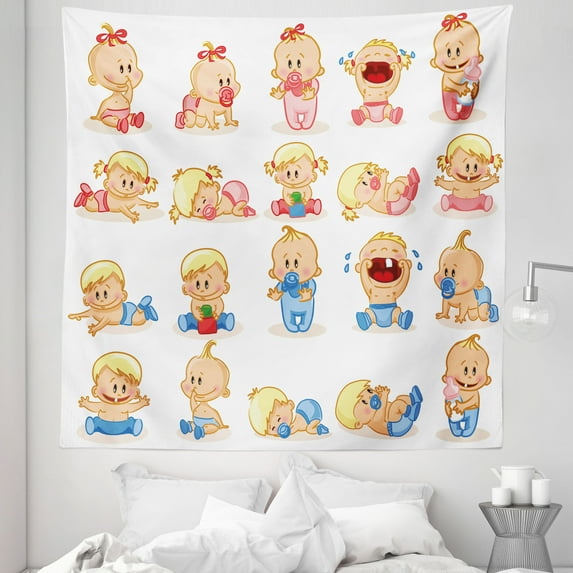 Colorful Tapestry, Composition with Various Face Gestures Crying Sleeping and Smiling, Fabric Wall Hanging Decor for Bedroom Living Room Dorm, 5 Sizes, Multicolor, by Ambesonne
