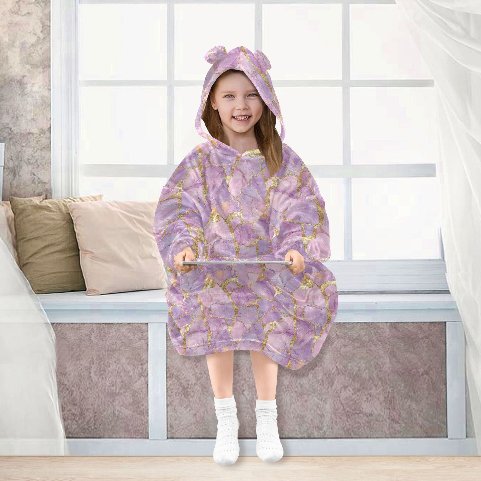 FORMRS Wearable Blanket Hoodie with Sleeves for Kids Cozy Flannel Sweatshirt, Pastel Pink Marble Pattern