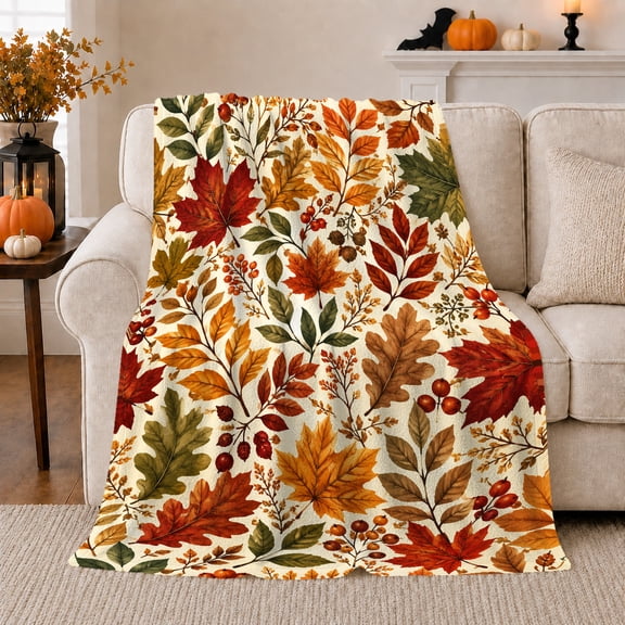 Autumn Maple Oak Leaves and Red Berries, Botanical Fall Art Cozy Flannel Blanket, Home Decor for Foliage Lovers, Living Room and Bedroom, Thanksgiving Gift, Harvest Pattern Scene